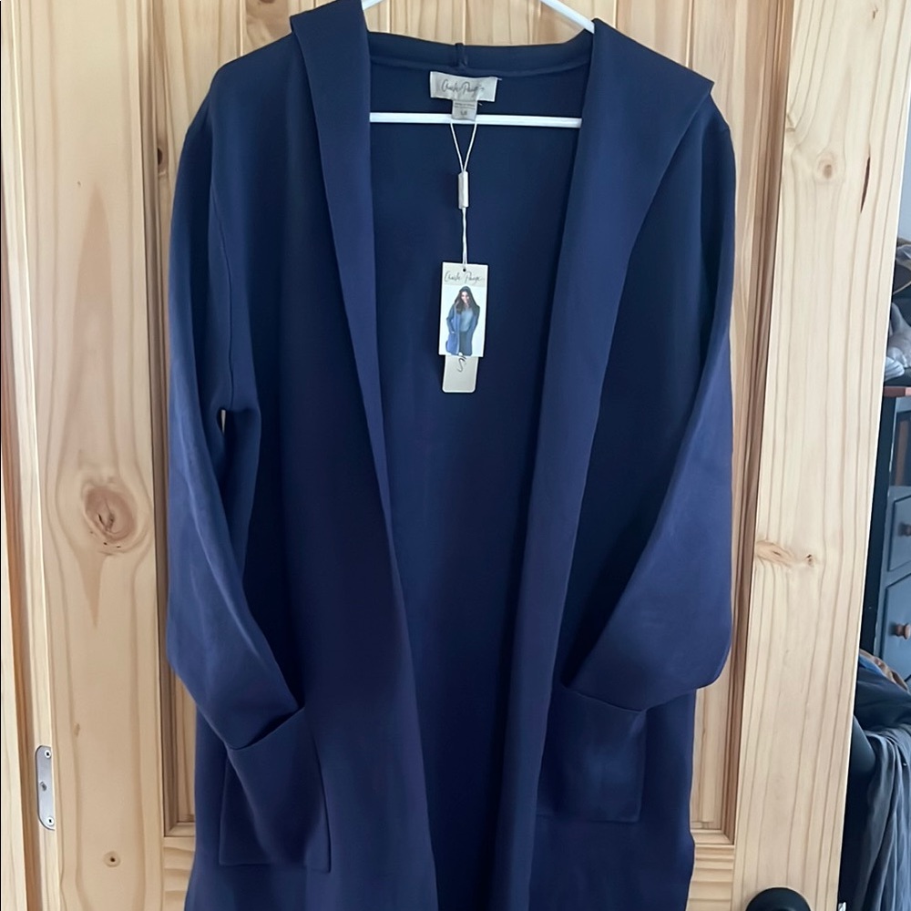 Navy Blue Open Front Hooded Cardigan